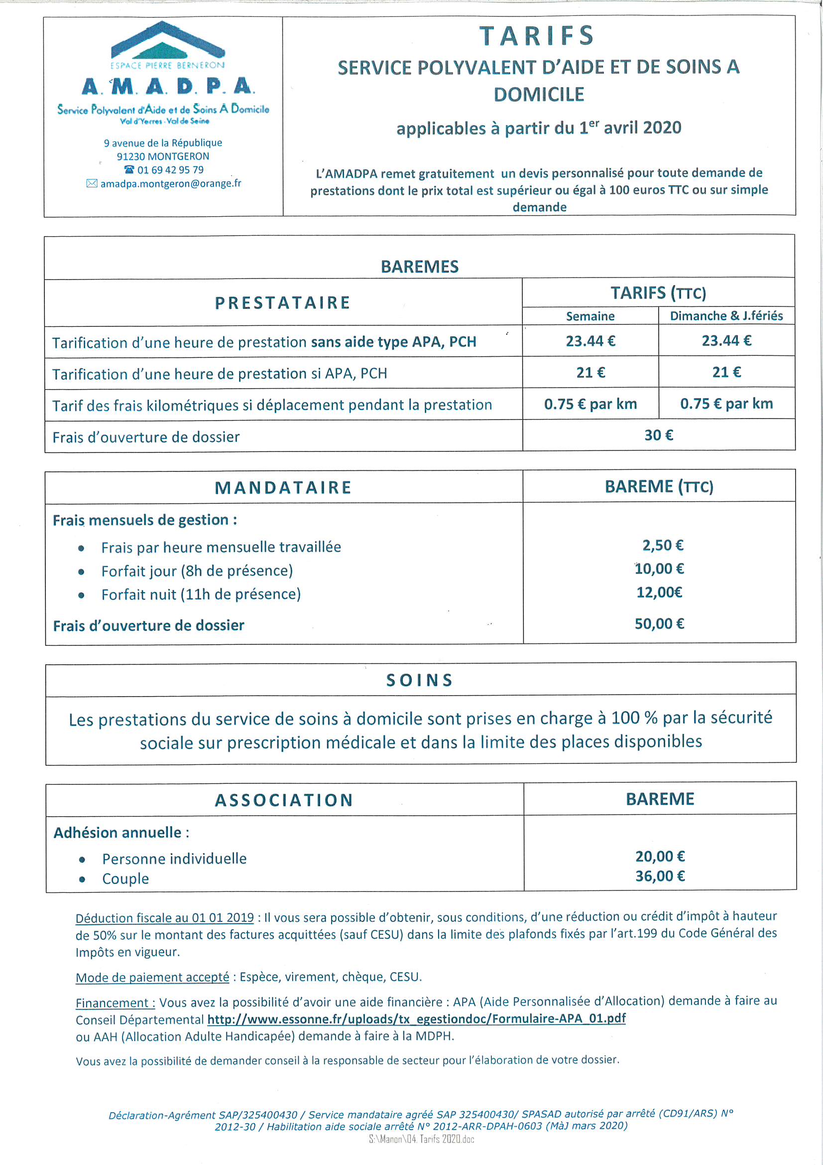 Tarifs - Association de Maintien à Domicile des Personnes Agées Tarifs - Association de Maintien à Domicile des Personnes Agées